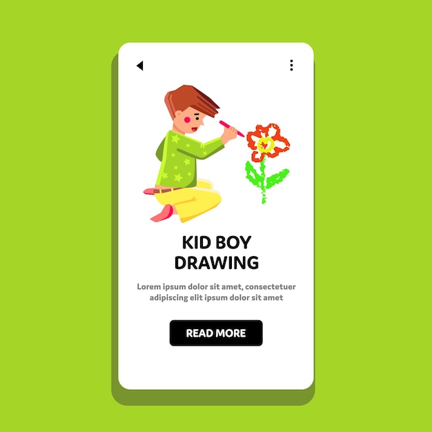 Kid Boy Drawing Flower On List With Pencil Vector. Kid Boy Drawing Aromatic Plant With Color Crayon. Character Schoolboy Child Painting Herbal Bud With Petals Web Flat Cartoon Illustration