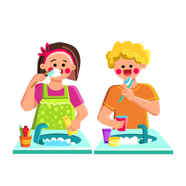 Kid boy girl brushing teeth vector