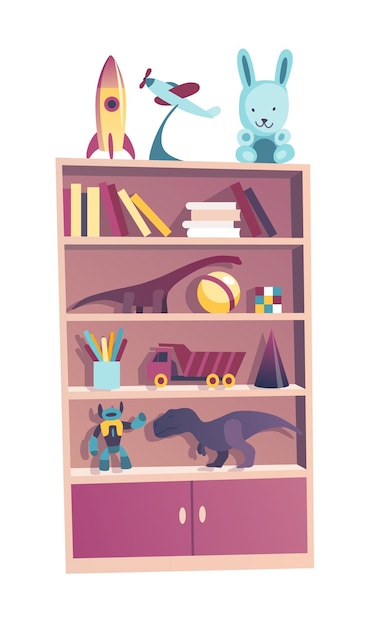 Kid boy room scene element Home accessory Interior closet with shelves toys and books vector sign illustration