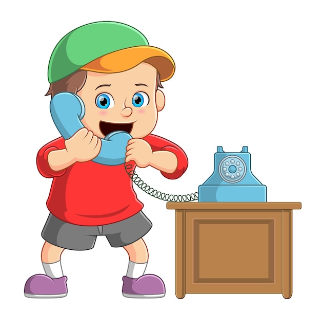 Kid boy talking on a retro wired telephone