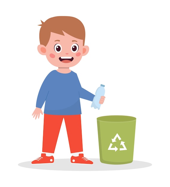 Kid boy throwing rubbish cartoon illustration