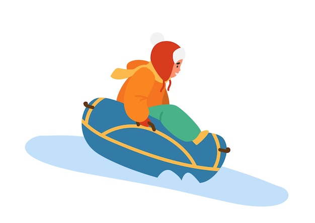 Kid In Bright Winter Clothes Riding Snow Tubing.