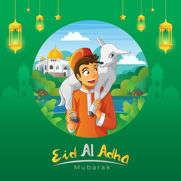 A kid carrying his goat for eid al adha greeting card