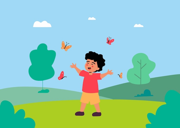 Kid Chasing Butterflies Illustration