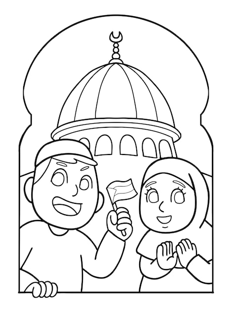 kid coloring page illustration of young palestine kids boy and girl with flag and mosque background