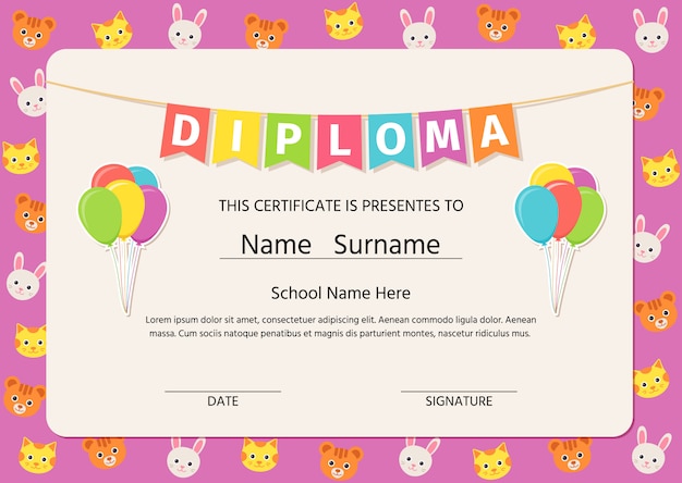 Kid diploma, certificate. . Graduation background. Cute preschool, kindergarten, school graduate template. Layout . Cartoon playful illustration. Winner blank with balloons, flags.