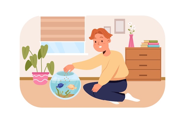 Kid feeding fish kids concept with people scene in the flat cartoon style Boy takes care of pet fish