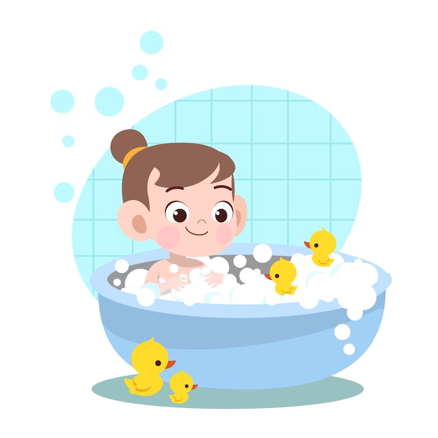 Kid girl bath wash illustration