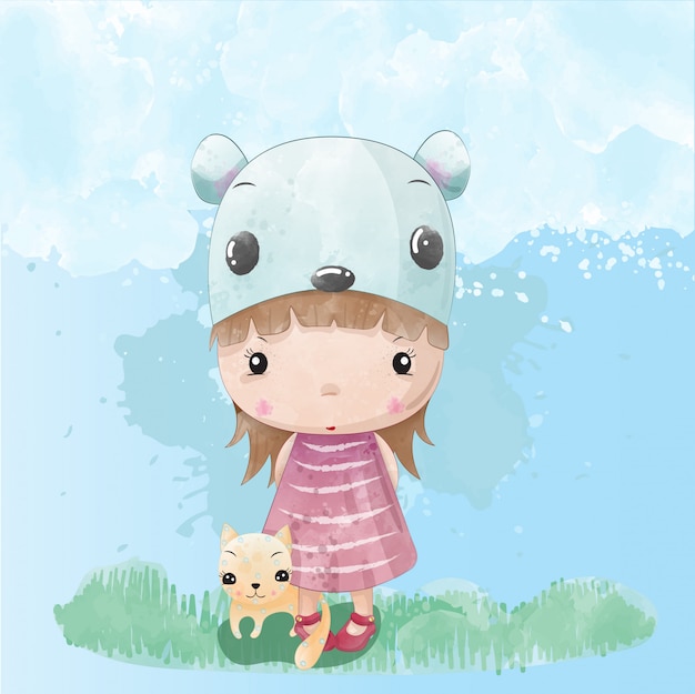 Kid girl cute character painted with watercolors vector premium