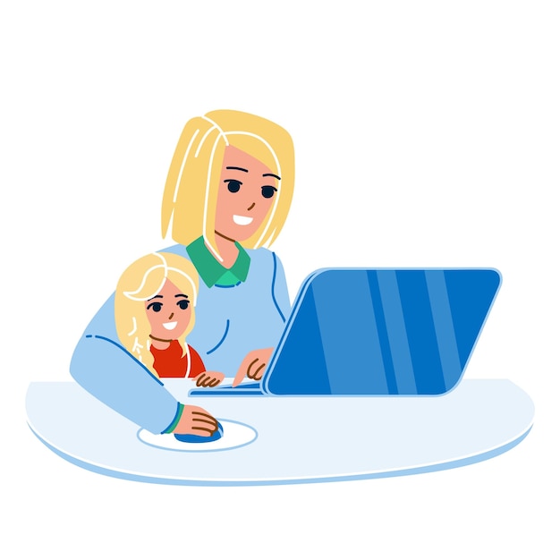 Kid Girl And Mother Using Laptop Together Vector