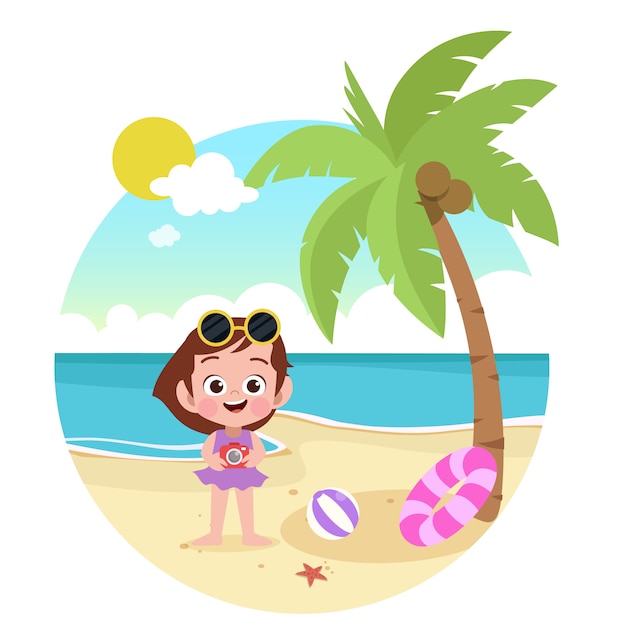 Kid girl playing on the beach illustration