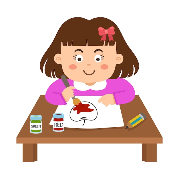 Kid girl sitting at the table and paint vector illustration