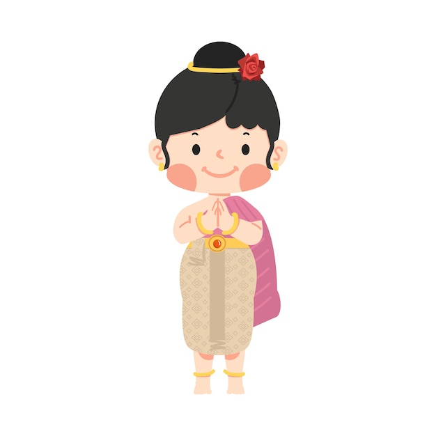 Vector kid girl in thai traditional dress greeting