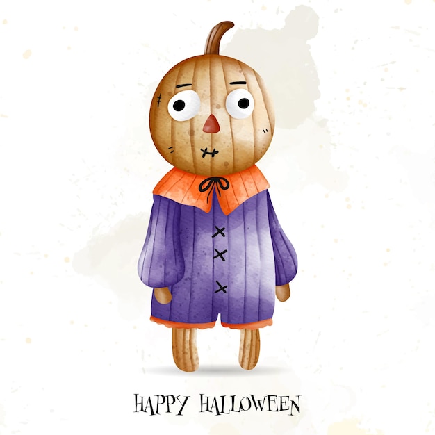 Kid in Halloween pumpkin costume Happy Halloween watercolor vector illustrationxDxA