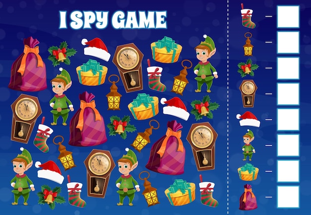 Vector kid i spy game with christmas elfs and decorations