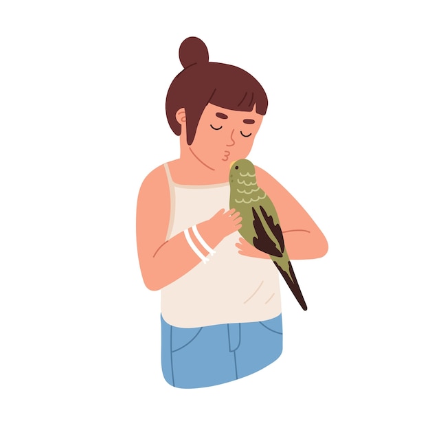 Kid kissing parrot. Happy child holding budgerigar. Pet owner with home bird. Colored flat vector illustration of little girl with cute adorable budgie isolated on white background.