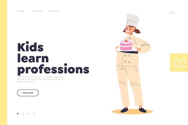 Kid learn profession concept of landing page with girl confectioner Small child work as baker