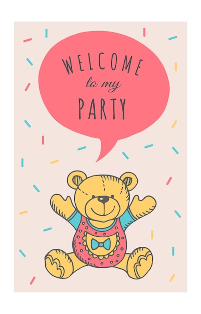 Kid party invitation card template with cute teddy bear