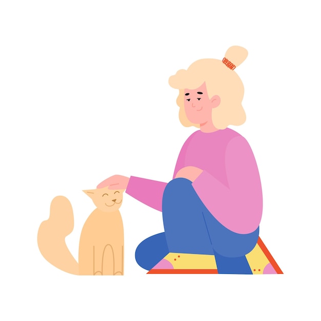 Kid petting a cat  cartoon girl with pet animal sitting on the floor