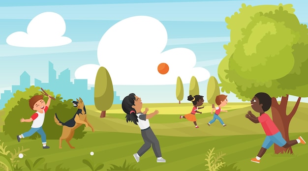 Vector kid play in summer park, outdoor sport activity in childhood