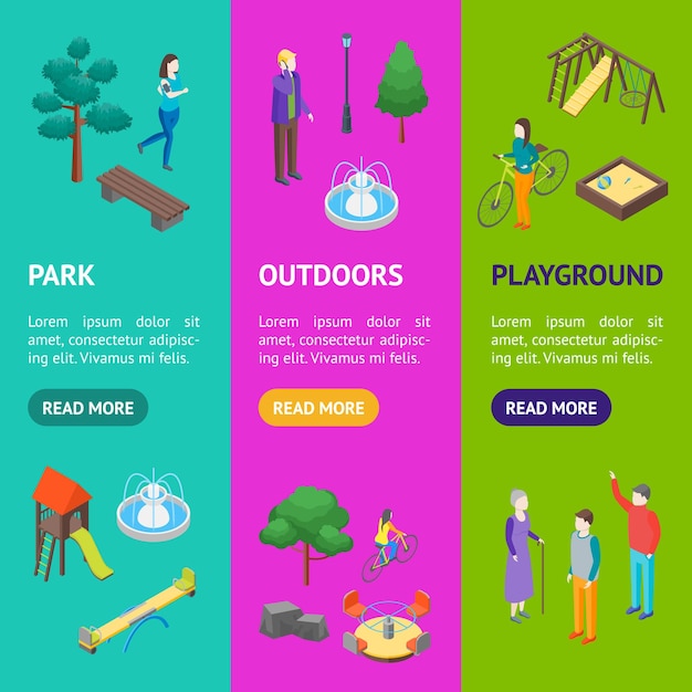 Kid Playground Elements 3d Banner Vecrtical Set Isometric View Include of Swing Toy Sandbox Seesaw Ladder and Carousel Vector illustration