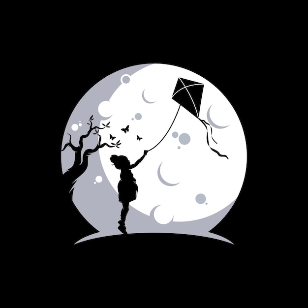 Kid playing kite silhouette in the moon