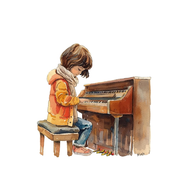 Vector kid playing piano vector illustration in watercolor style