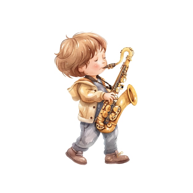 kid playing saxophone vector illustration in watercolor style