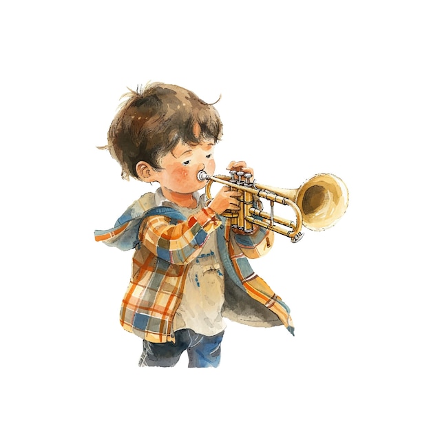 kid playing trumpet vector illustration in watercolor style