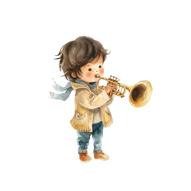 kid playing trumpet vector illustration in watercolor style