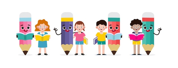 Kid Posing With Pencil Character Back to school cartoon Children flying on pencil kids riding pen