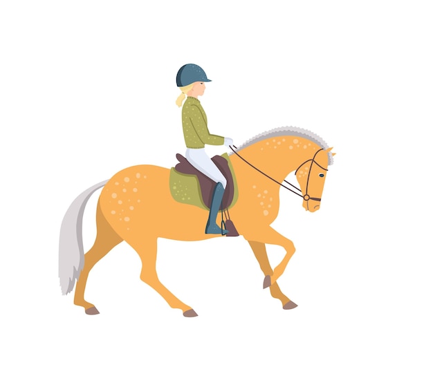 Kid practicing horseback riding Flat cartoon colorful vector illustration