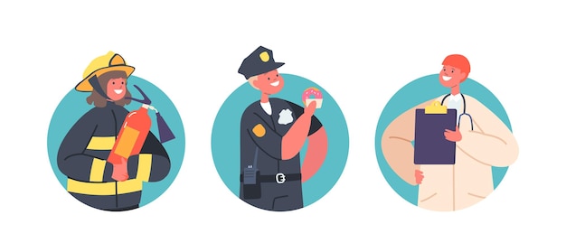 Kid Profession Policeman Firefighter and Doctor Characters Isolated Round Icons or Avatars Children Choose Occupation