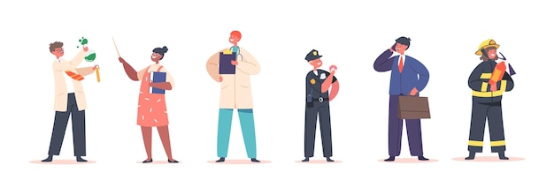 Kid Profession Policeman Firefighter and Doctor with Scientist Teacher and Businessman Children Choose Career