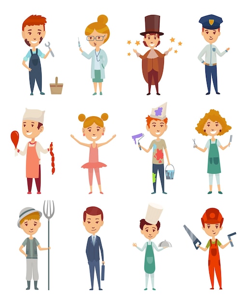 Kid professions set Cartoon young persons in professional uniform Cute children occupations vector illustration Boys and girls characters in professions suits