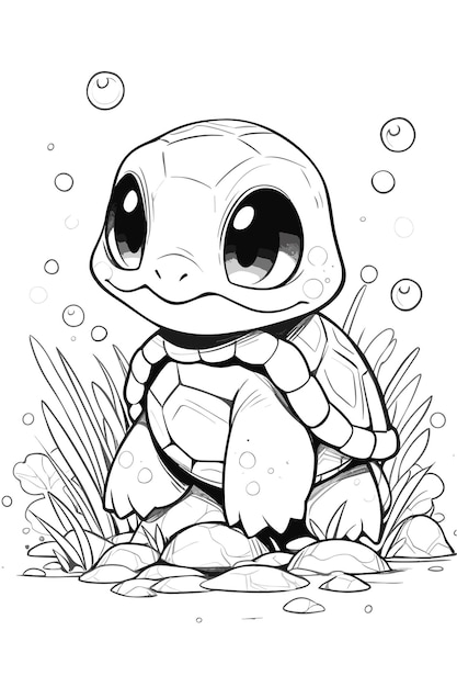 Kid's Coloring Page with Turtle in Clean Line Art