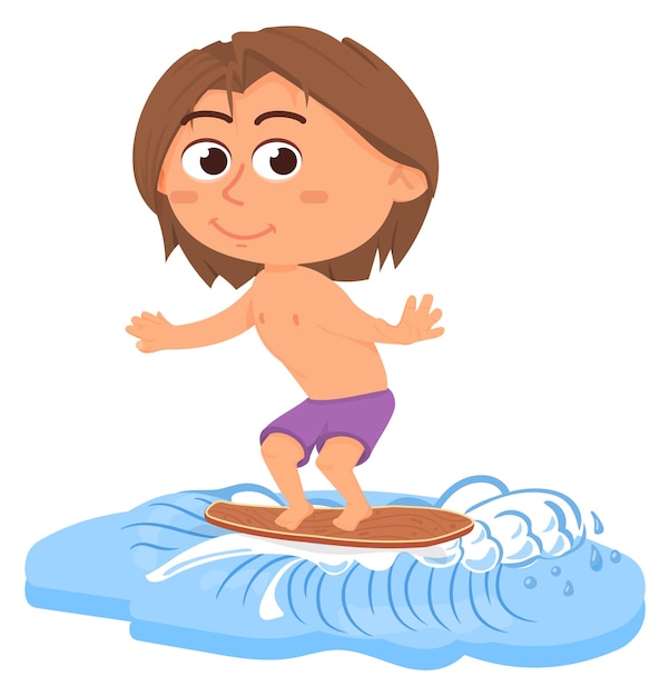 Kid stand on surfboard Happy cartoon child in summer