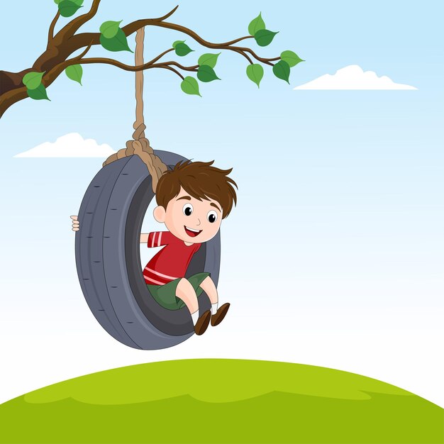 Vector kid swinging on rubber tire in playground vector illustration