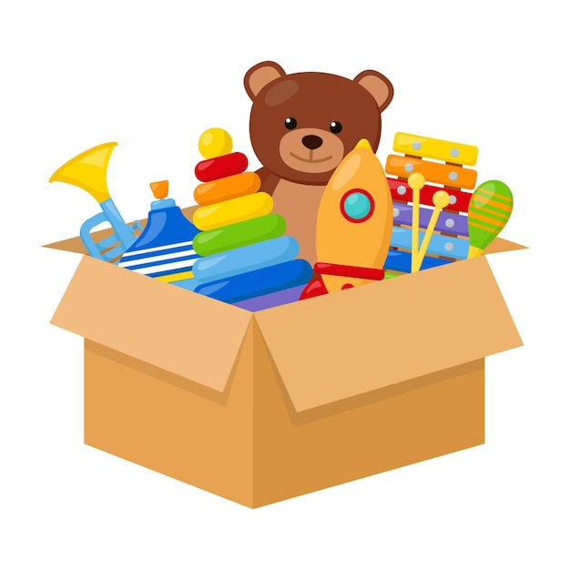 Kid toys in a box, vector illustration