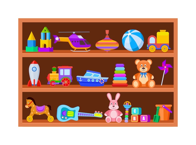 Kid toys on shelves. Children toy on wooden shop shelf in playroom. Cartoon ball and train, whirligig and guitar vintage vector set. Illustration shelf with toys for children, rattle and block