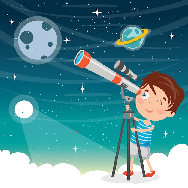 Kid Using Telescope For Astronomical Research