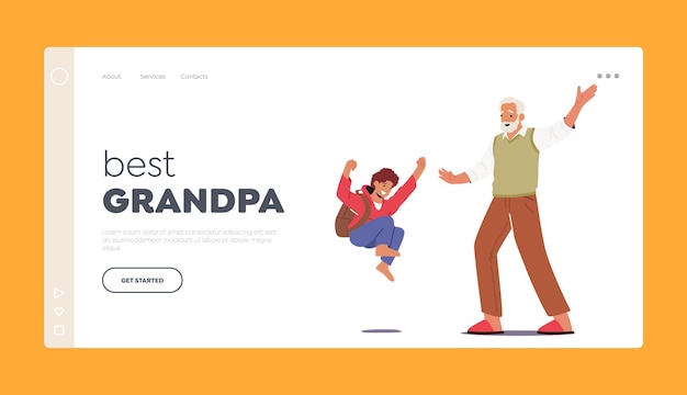 Kid Visit Granny Landing Page Template Happy Grandfather and Grandson Characters Meeting Boy Jump of Happiness