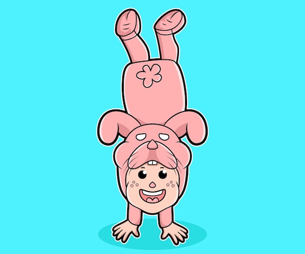 kid wearing cute pink rabbit costume handstand position cartoon vector concept illustration