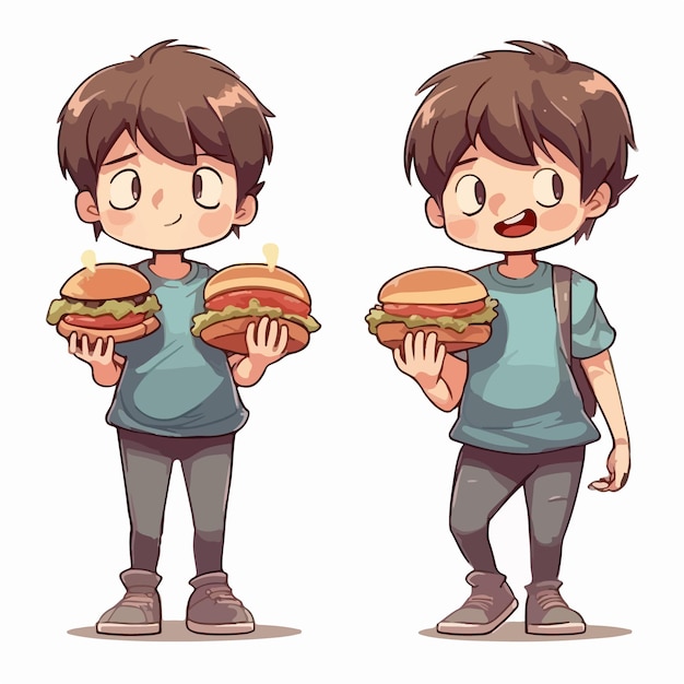 Kid with burger in hand vector pose young boy cartoon style