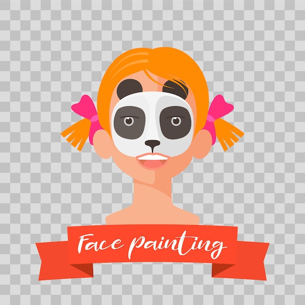 Kid with panda face paintings on transparent background. Child face with animal makeup painted for kids party