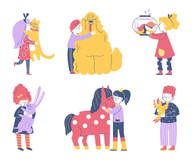 Kid with pet animals vector set