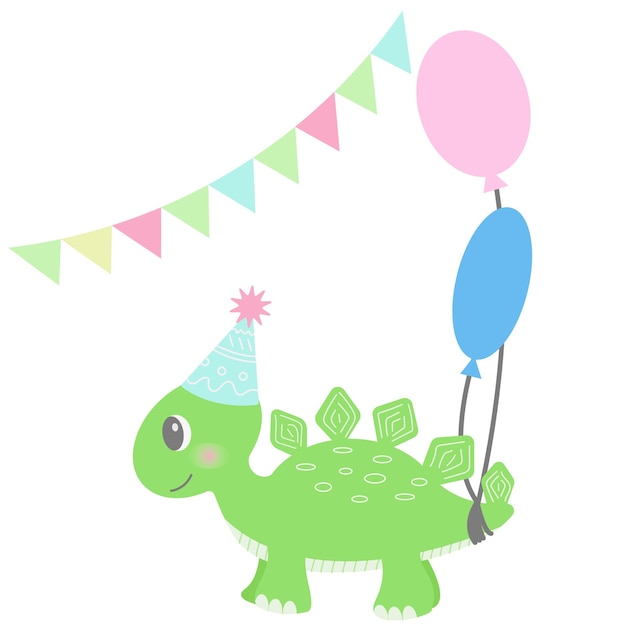 Kid039s birthday card with a dinosaur in a festive cap Happy dinosaur with a balloon gift and a cake