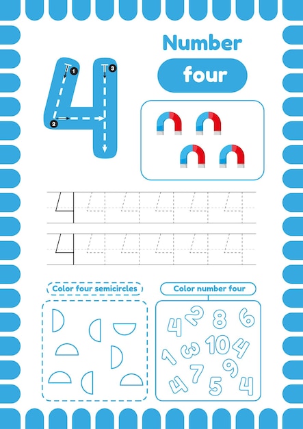 Kida activity pages Learn numbers Preschool worksheets Number four