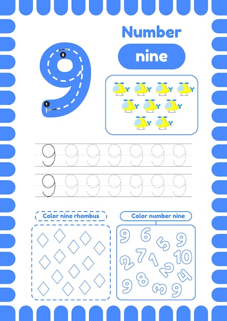 Kida activity pages Learn numbers Preschool worksheets Number nine