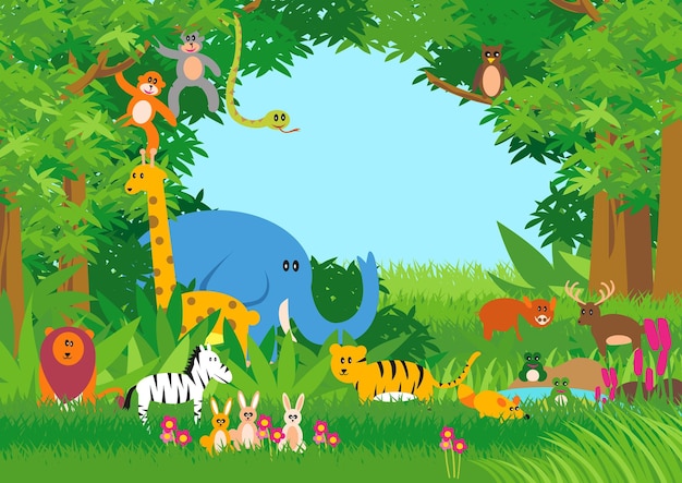 Kiddies cartoon illustration of animals in the jungle